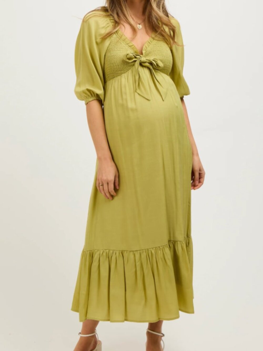 Light Olive Smocked Front Tie Maternity Midi Dress - L